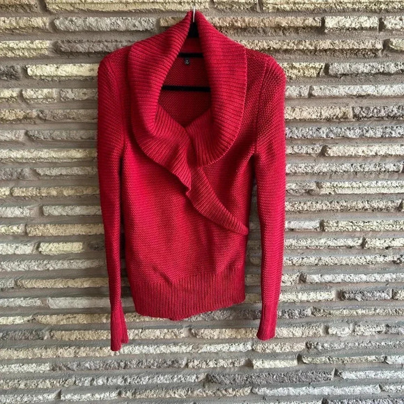 Talbots Red Chunky Knit Oversized Shawl Collar Wrap 100% Cotton Sweater - Picture 4 of 4